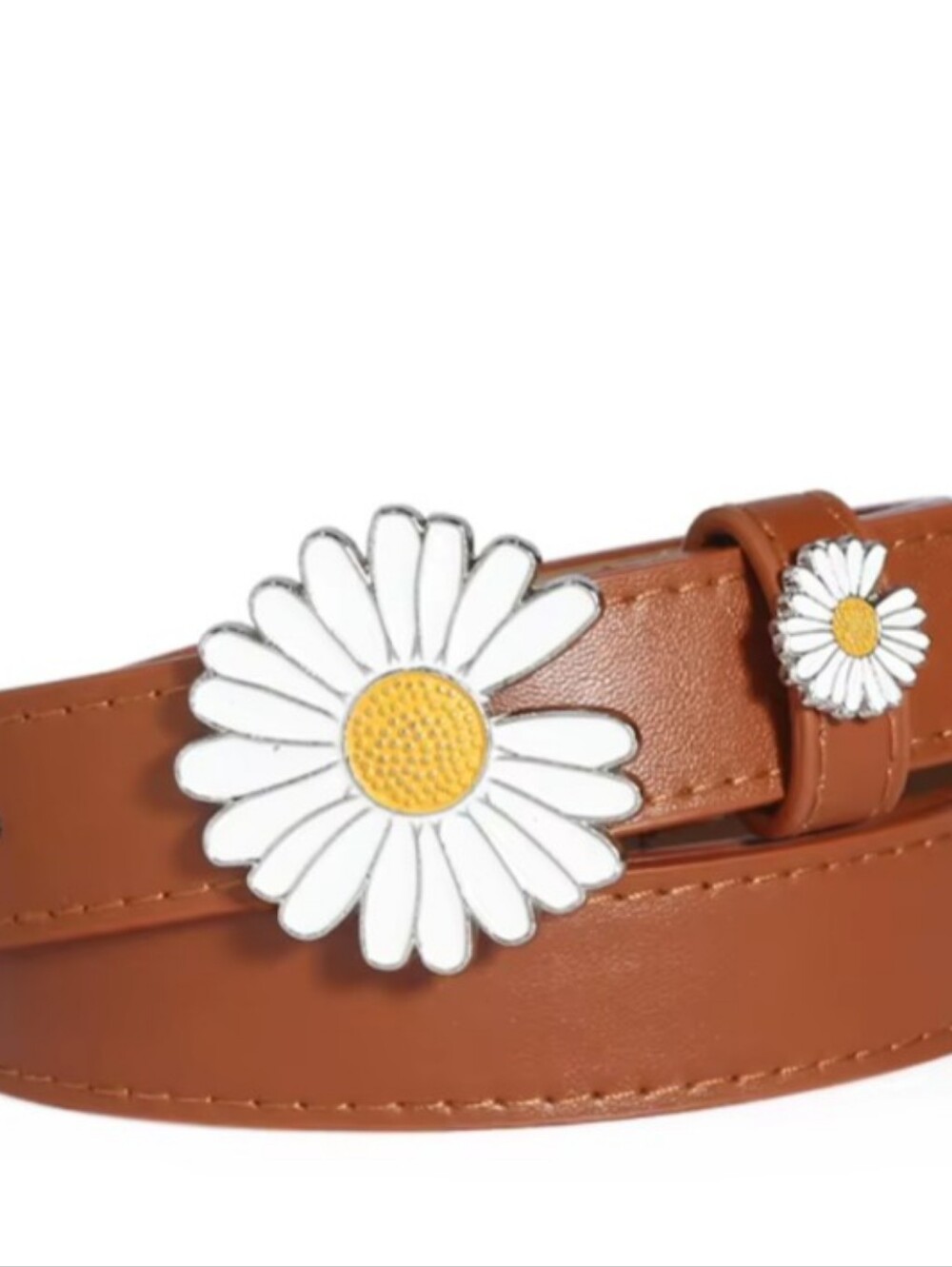Brown Leather Like Belt with White Daisy Accents Hippie Boho
